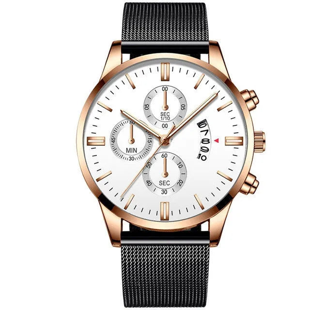 Men's stainless steel mesh band quartz watch showing two-tone colour options on a 4.2cm case.