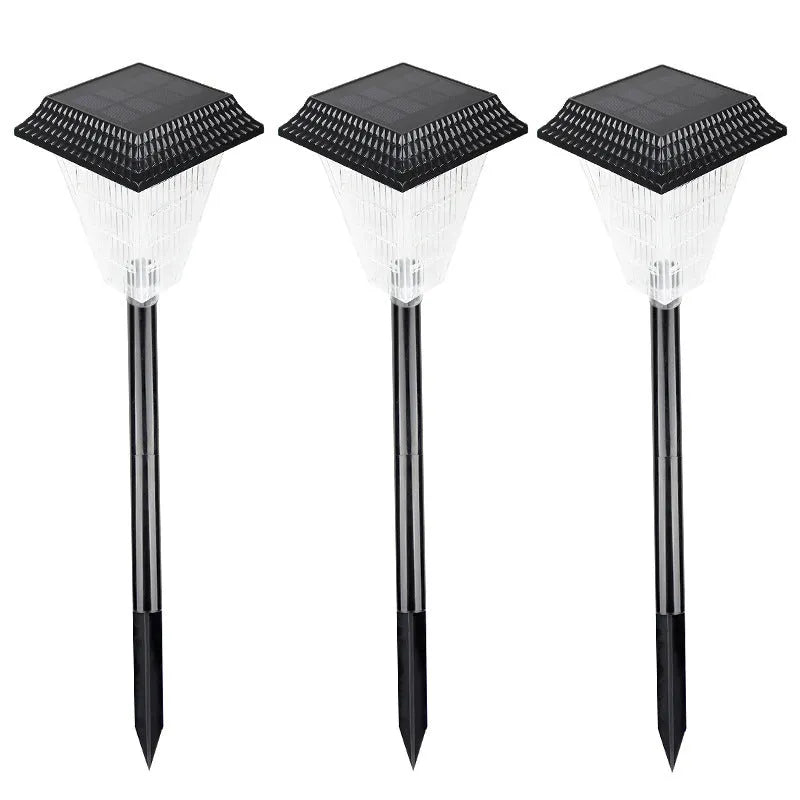 Solar garden light with IP65 waterproof ABS construction, 12 LED light source producing 80 lumens brightness, 1.5V/1200mAh AA Ni-MH battery providing 8-10 hours operation, featuring warm white, white, blue, green, red, and flame colour temperatures