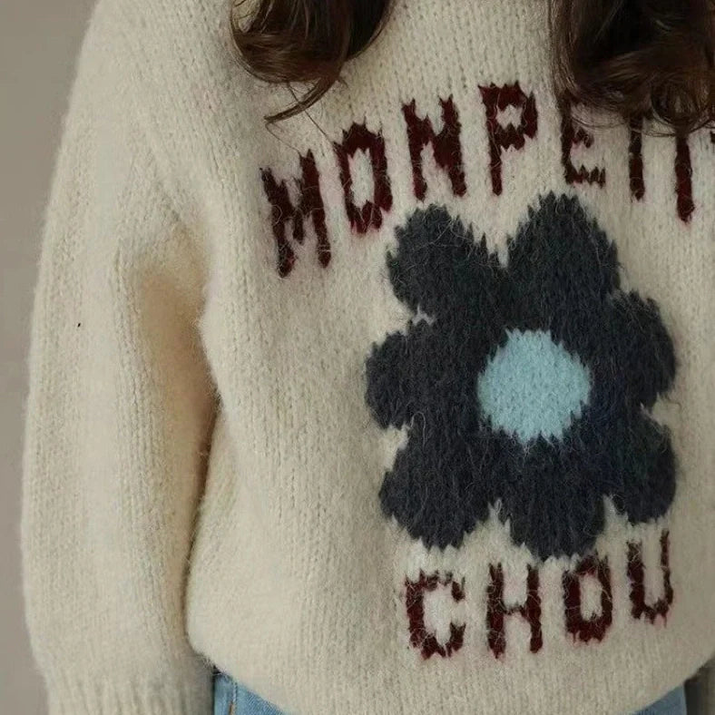 Apricot girls' pullover sweater with letter flower pattern, long Korean-style sleeves, round neck