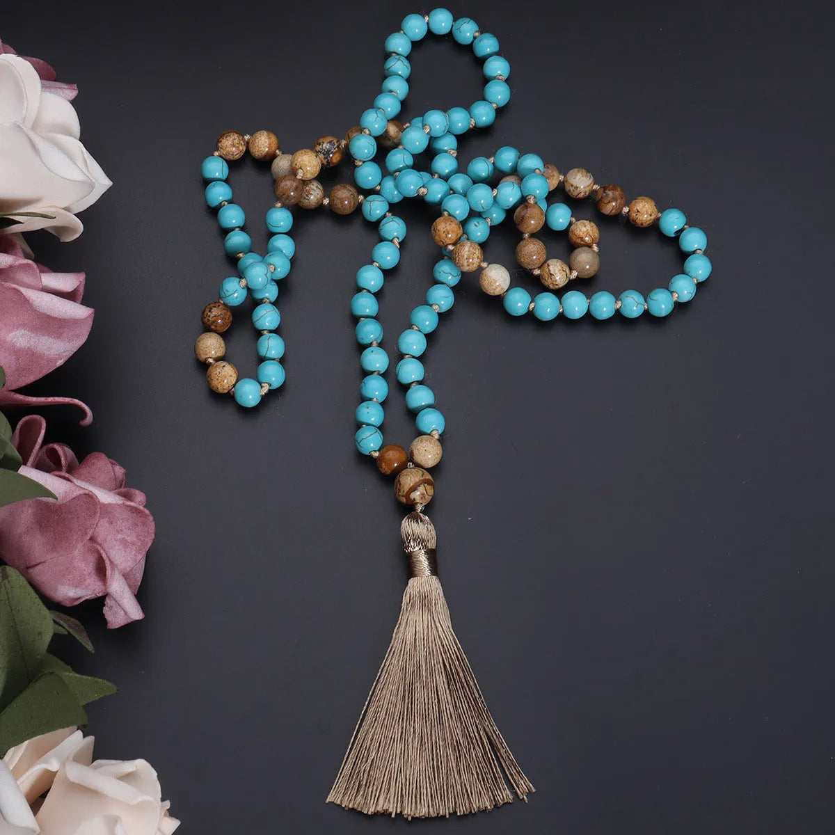 Handmade vintage turquoise painted stone geometric mala necklace with 81cm ball bead chain