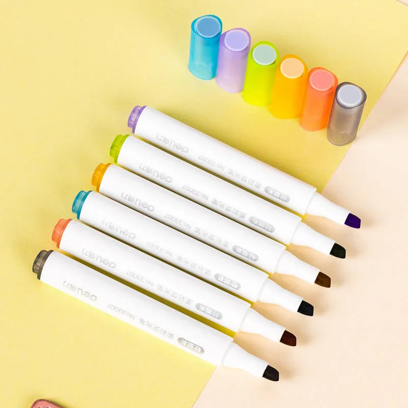 Deli S605 fibre tip highlighter pen set with oblique nib for students, children's drawing and note marking, available in macaron pastel colours, crystal colours, dark colours and liquid highlighter options in 5 or 6 colour packs