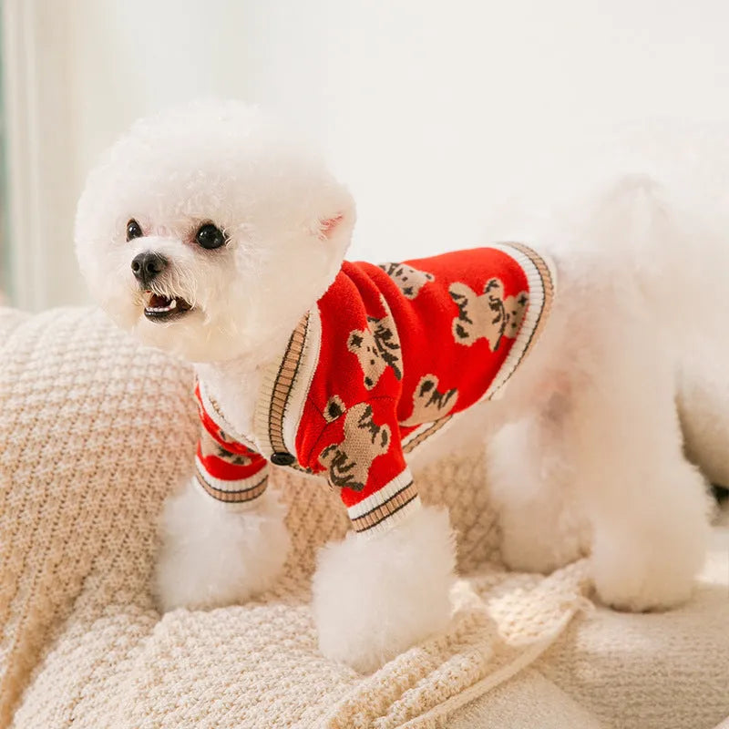 Bear pattern dog sweater in beige or red, lightweight polyester pullover for small dogs and cats, sizes XS to XL