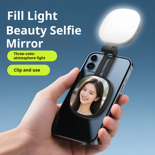 Black and white handheld mobile phone magnetic selfie fill light with adjustable brightness.
