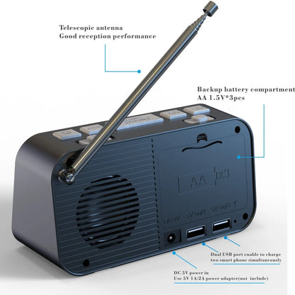 Black DAB FM digital radio alarm clock with LED display, control buttons, and two USB ports on the side.