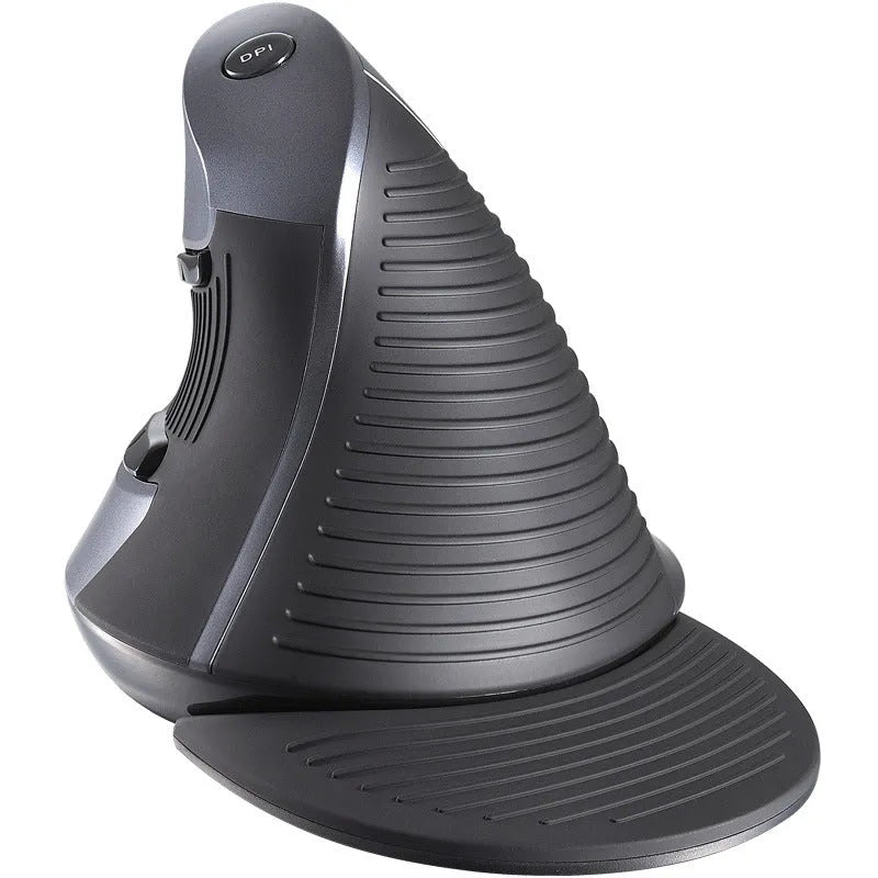 M 618 wireless vertical mouse in black showing 57-degree tilt angle and three-button design with scroll wheel