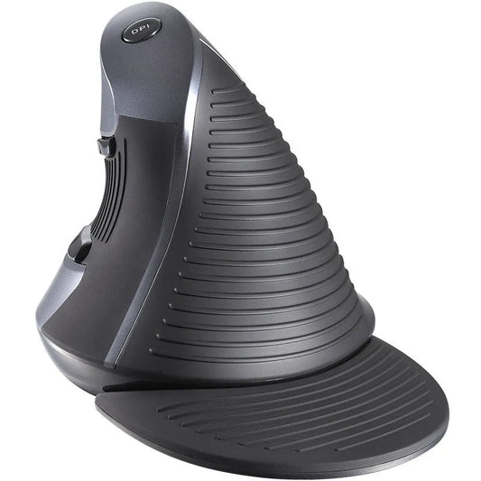 M 618 wireless vertical mouse in black showing 57-degree tilt angle and three-button design with scroll wheel