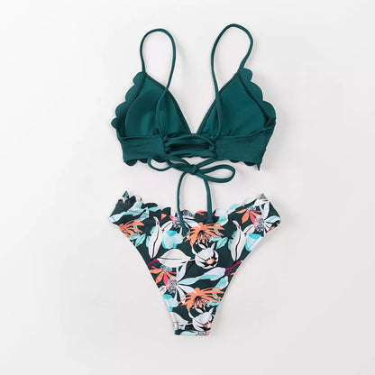 Green floral scalloped bikini set for women with unique design and durable fabric