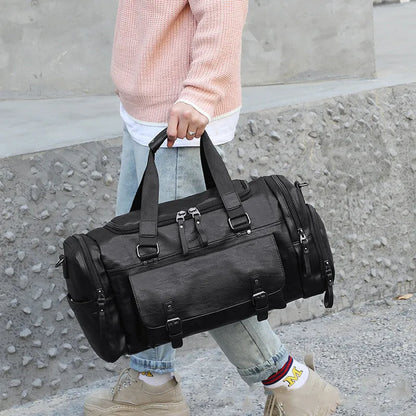 Black travel bag with shoe compartment showing 52cm height, 19cm width, and 27cm depth dimensions