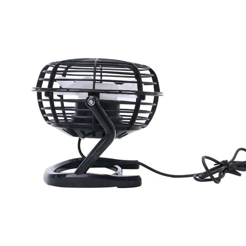 Black mini USB fan with adjustable angle mechanism and 96mm blades on desk