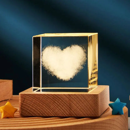 3D crystal cube night lamp showing transparent glass with internal engraving and warm light illumination