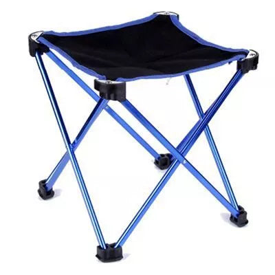 Outdoor folding stool with aluminum frame and Oxford cloth seat in red, blue, or orange