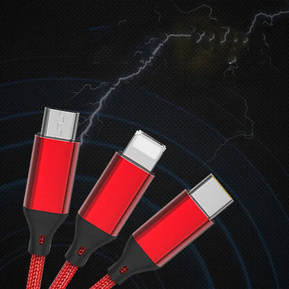 Three-in-one charging cable with nylon braid in red, blue, gold, black, silver, and rose gold colour options.