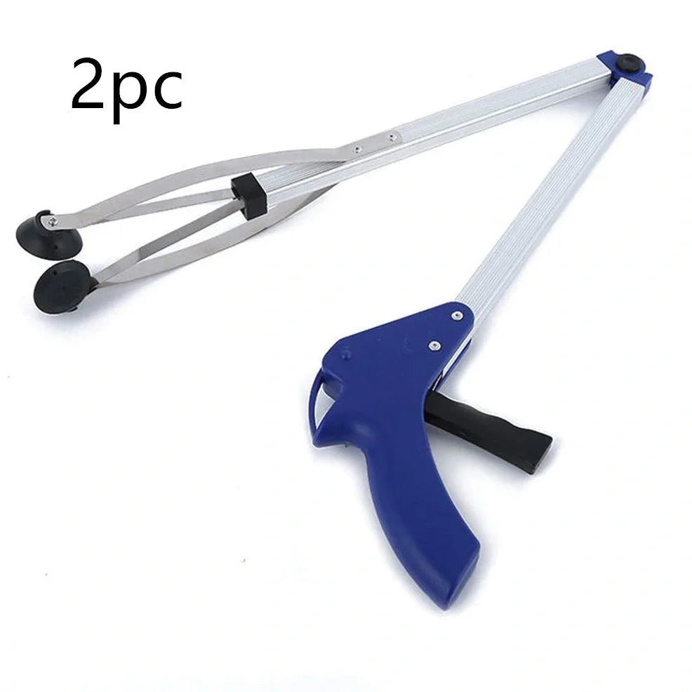 Blue aluminium folding grabber tool extended to 81cm with 8cm jaw opening showing rubber chuck