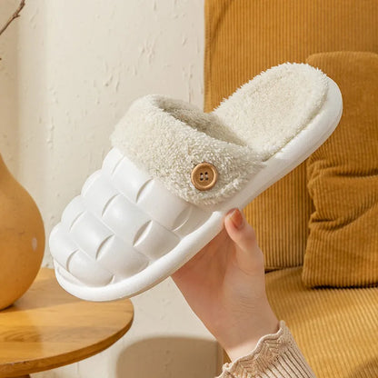 Plaid detachable slippers with EVA sole and plush lining in pink, green, yellow, white, grey, or black