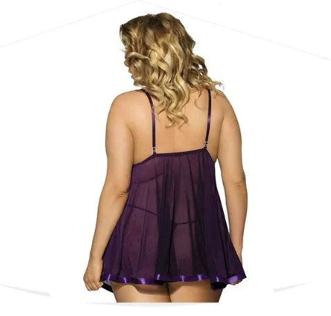 Women's purple lace lingerie sling dress with mesh panels in plus size