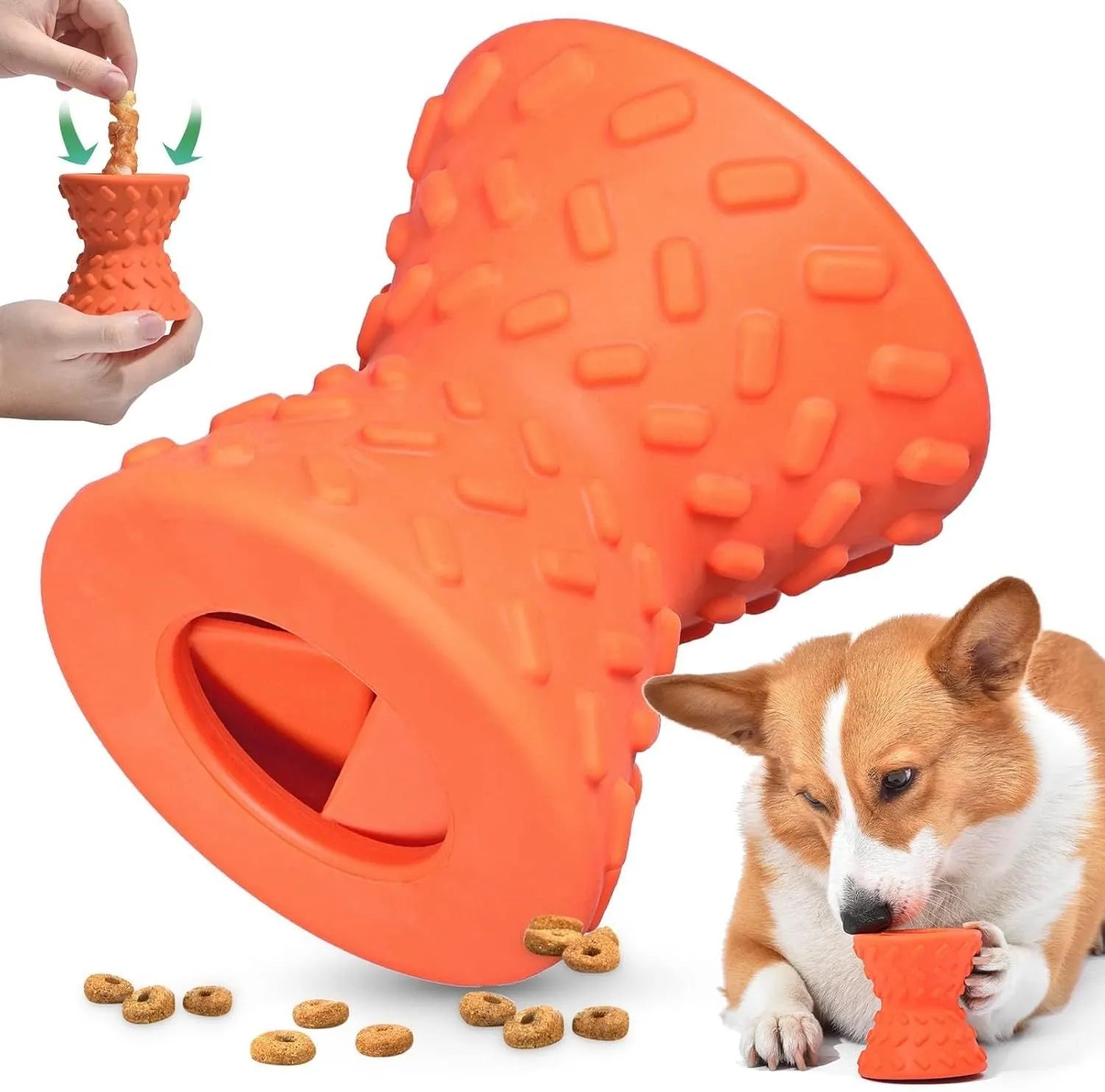 Blue interactive treat dispensing dog bone toy for aggressive chewers with hollow centre and natural rubber material