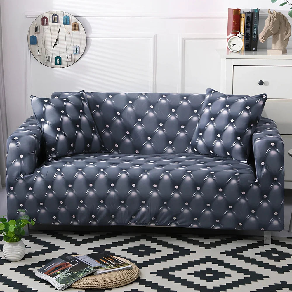 Blue elastic stretch sofa cover on furniture showing fitted appearance and elastic edges