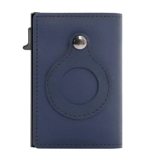 Slim leather wallet with built-in AirTag holder, featuring RFID-blocking technology and convenient card access