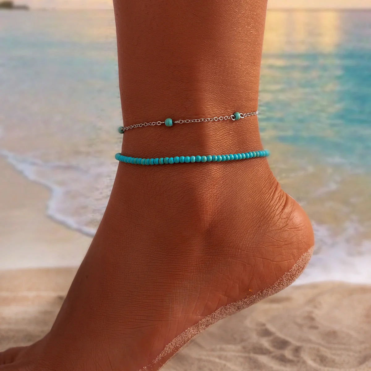 Bohemian multi-layer beaded anklet with star design in mixed colors