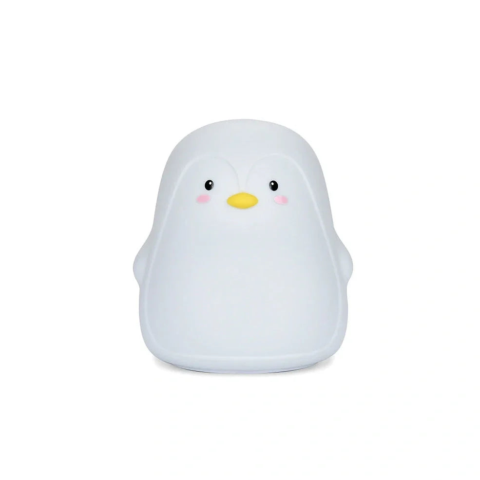 Penguin-shaped night light with soft white LED illumination and USB charging port
