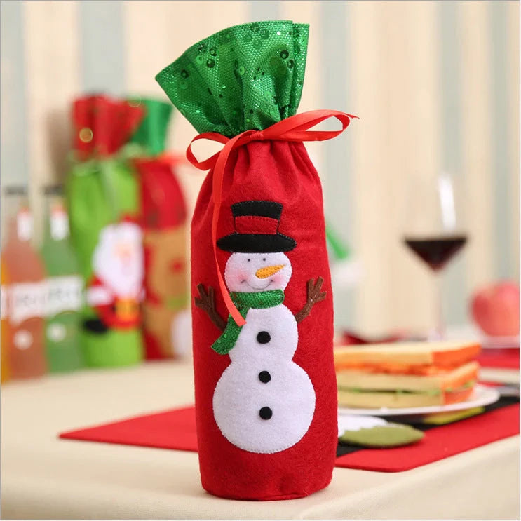 Festive Christmas wine bottle socks in vibrant colors, perfect for holiday decor