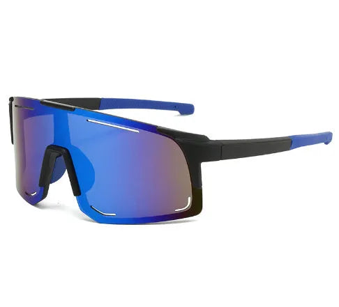 Square cycling sunglasses in black, blue, green, pink, or white frame with various lens films