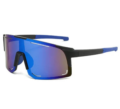 Square cycling sunglasses in black, blue, green, pink, or white frame with various lens films