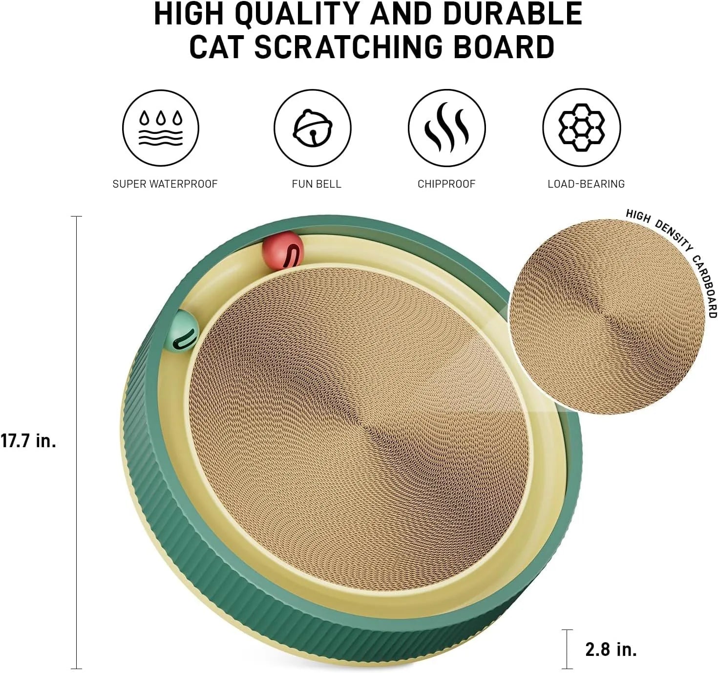 Green cat scratching board with 45cm diameter, high-density cardboard, and integrated ball toys for indoor cats