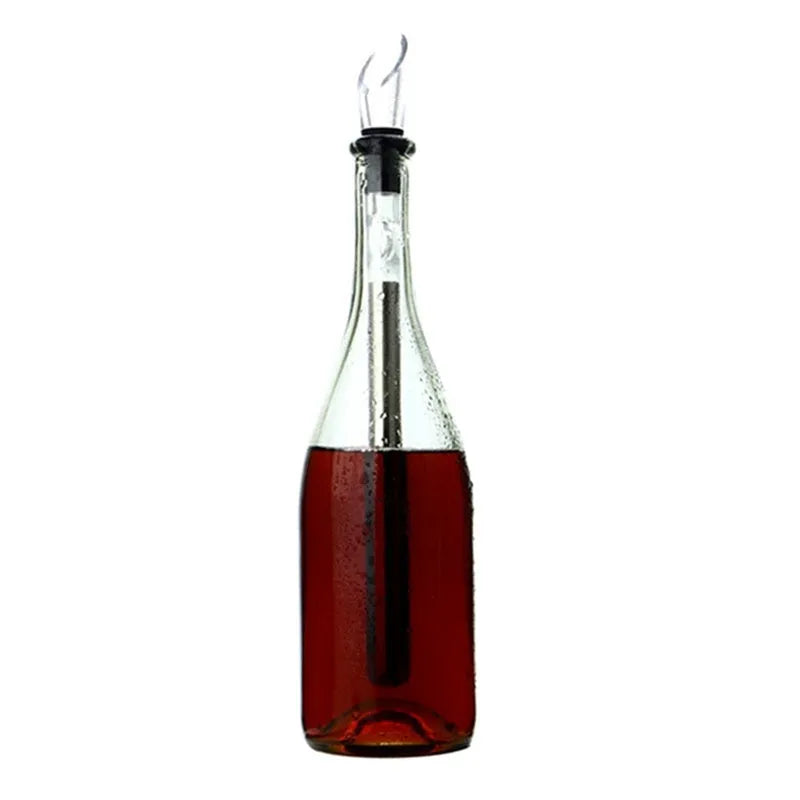 Stainless steel wine chilling rod with acrylic aerator pourer for cooling bottles from inside