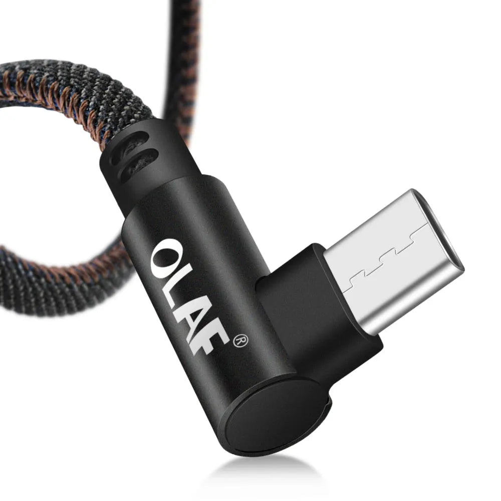 USB fast charging cable with a denim fabric exterior and aluminium connectors, shown in multiple colour options.