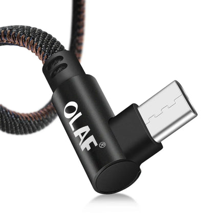USB fast charging cable with a denim fabric exterior and aluminium connectors, shown in multiple colour options.