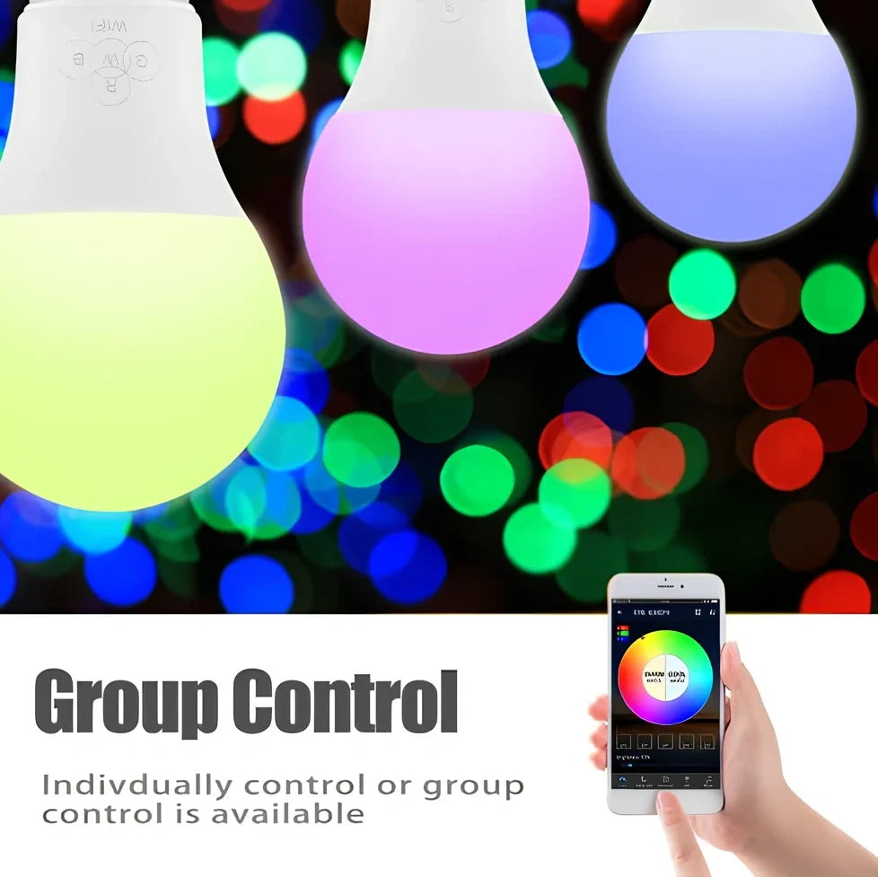 Round Bluetooth smart LED bulb with E27/B22 fittings, 60mm diameter, colour temperature adjustment 2700K-6500K