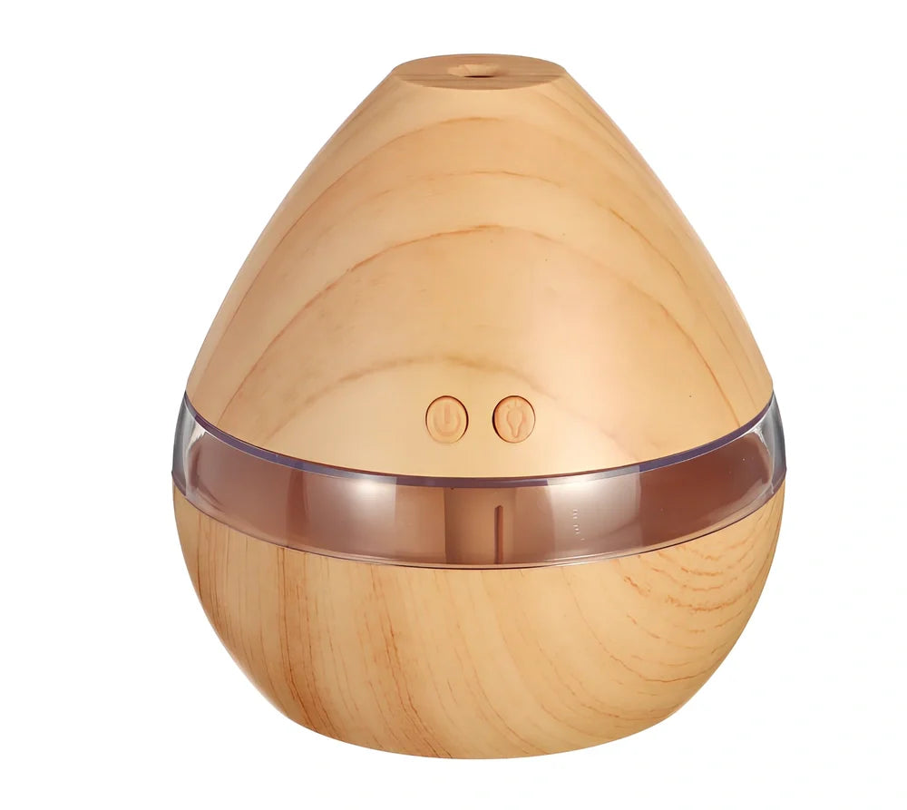 USB LED aroma humidifier with wood grain finish, 300ml capacity, measuring 114mm × 110mm