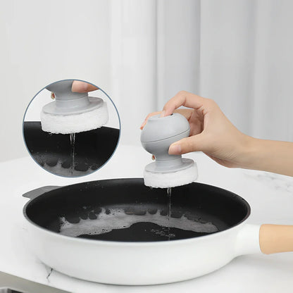 Refillable soap dispenser cleaning brush with silicone bristles and ergonomic handle for pots and pans