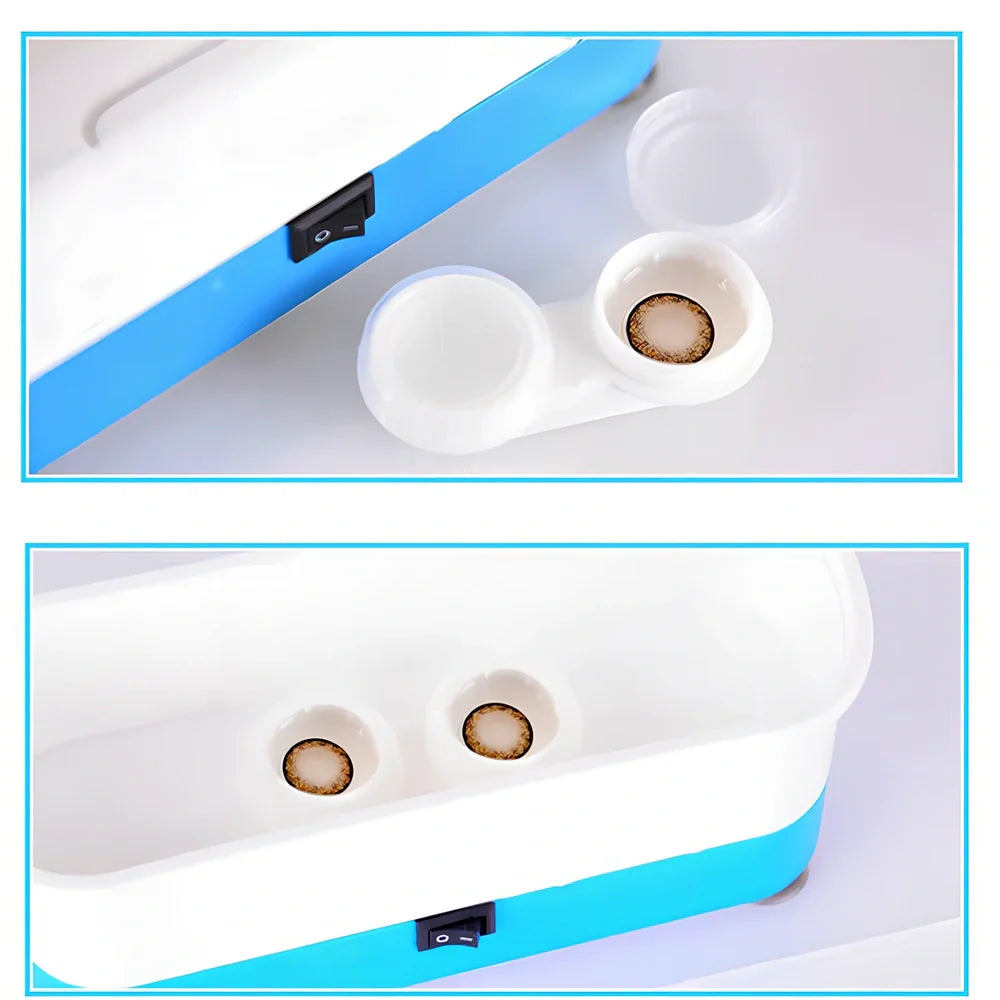 Blue analog ultrasonic cleaner measuring 17x6x8cm with contact lens box and battery compartment