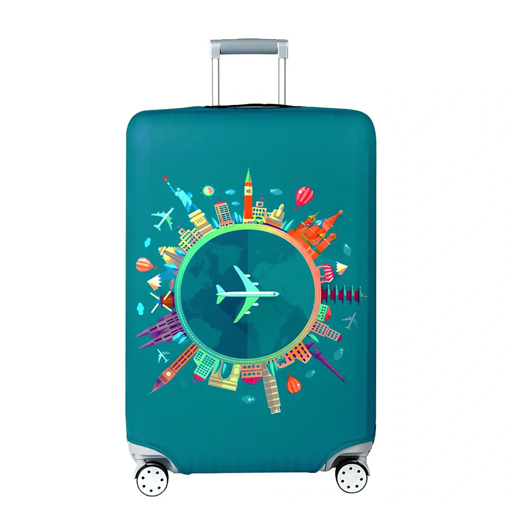 Elastic trolley case cover protecting luggage with polyester fabric, available in multiple sizes and patterns