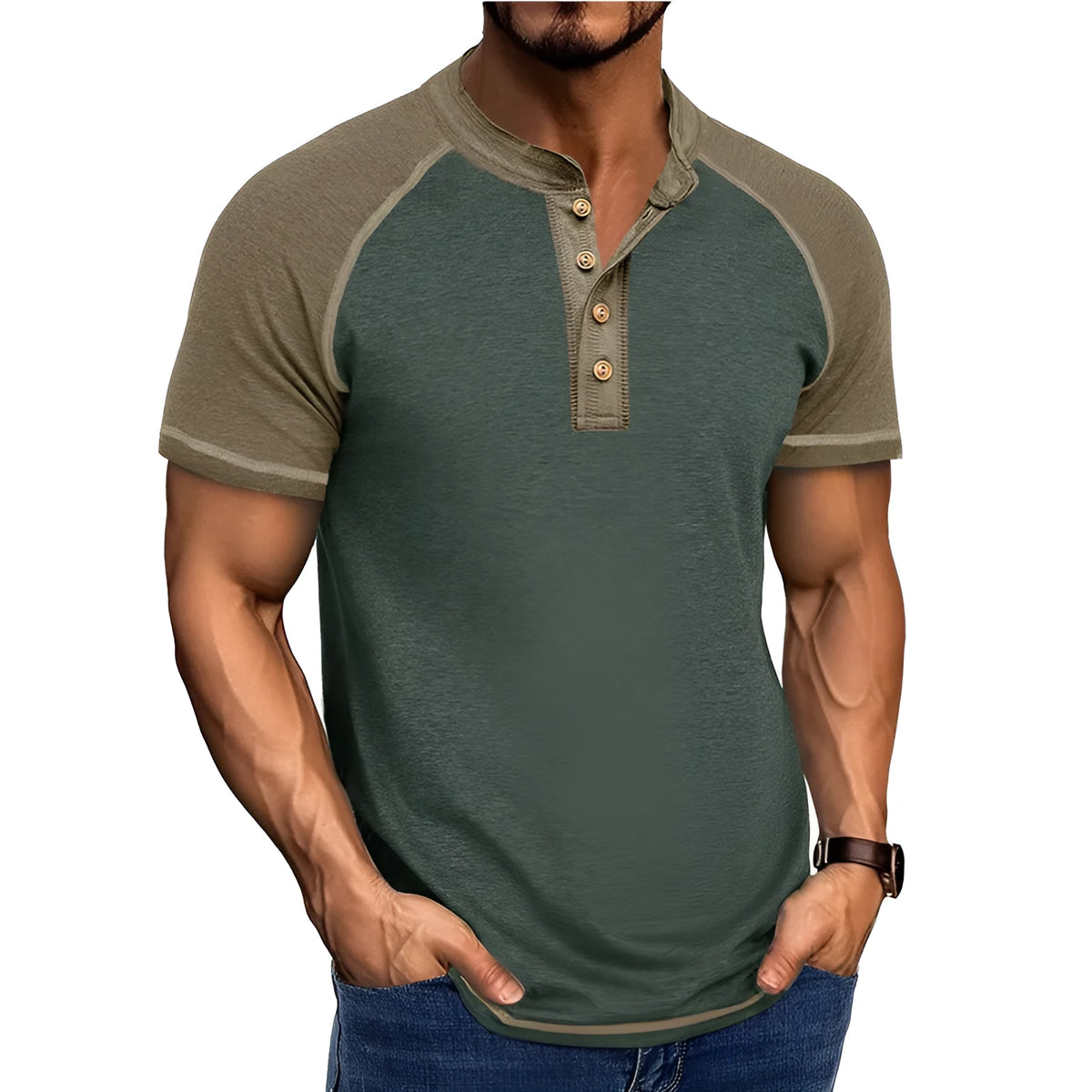 Man wearing a short sleeve colour block pullover with raglan sleeves in a green and khaki combination.