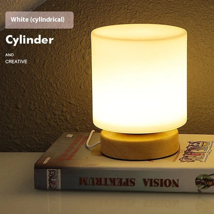 Nordic solid wood USB table lamp with touch dimming, 150x180mm size, and white light shapes on a bedside table