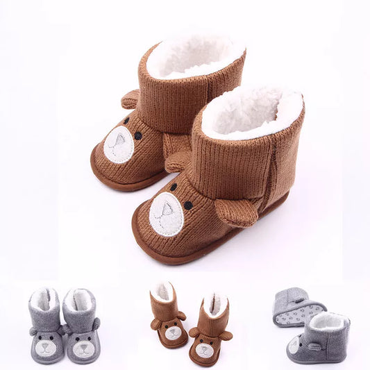 Bear knitting baby shoes in coffee and gray, sizes US1-US3