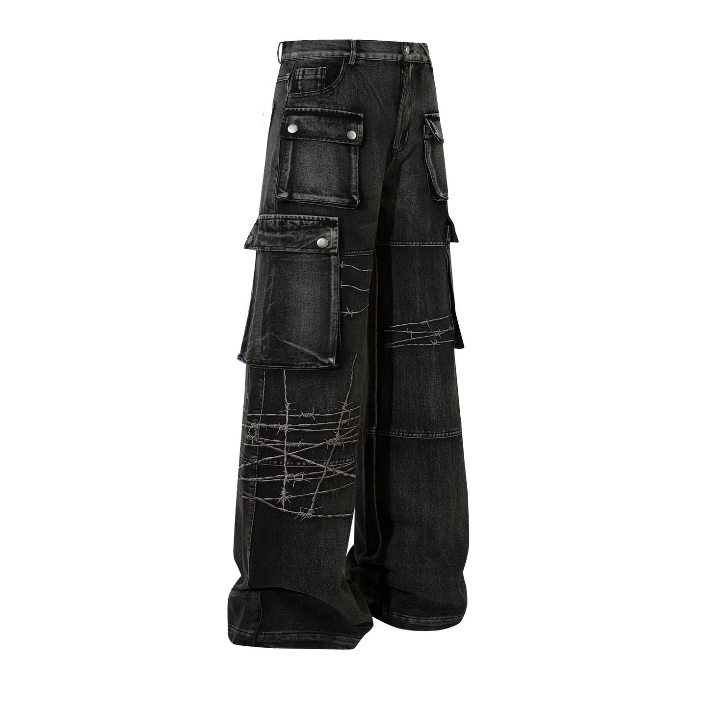 Men's black wide-leg cotton trousers with embroidery details on mid waist design