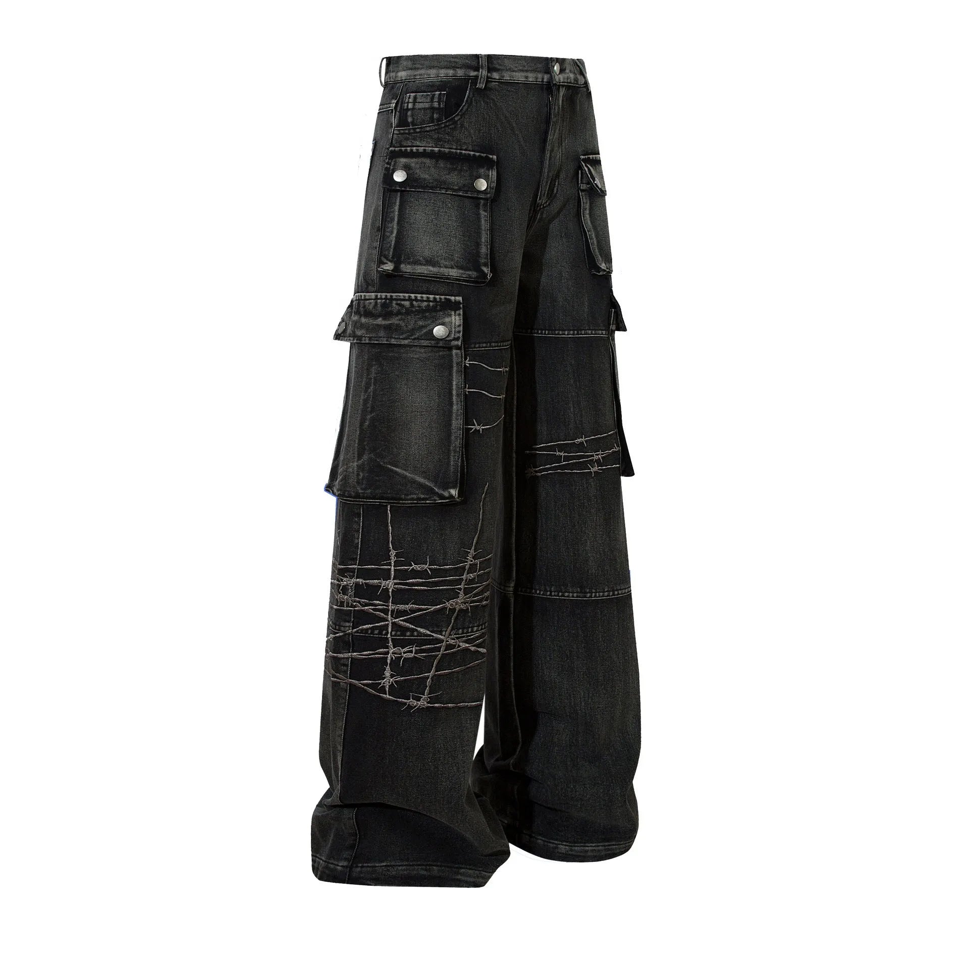 Men's black wide-leg cotton trousers with embroidery details on mid waist design