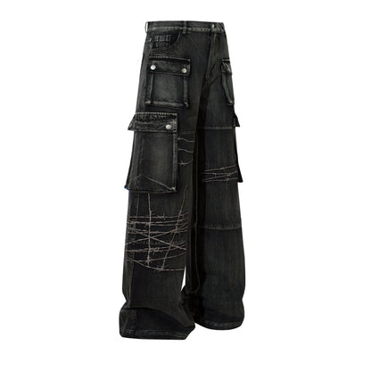 Men's black wide-leg cotton trousers with embroidery details on mid waist design