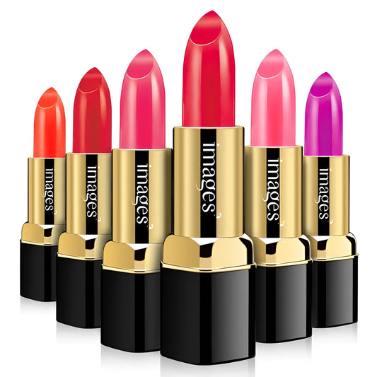 Moisturising lip gloss stick in a compact case, shown in shades like coral red and barbie pink.