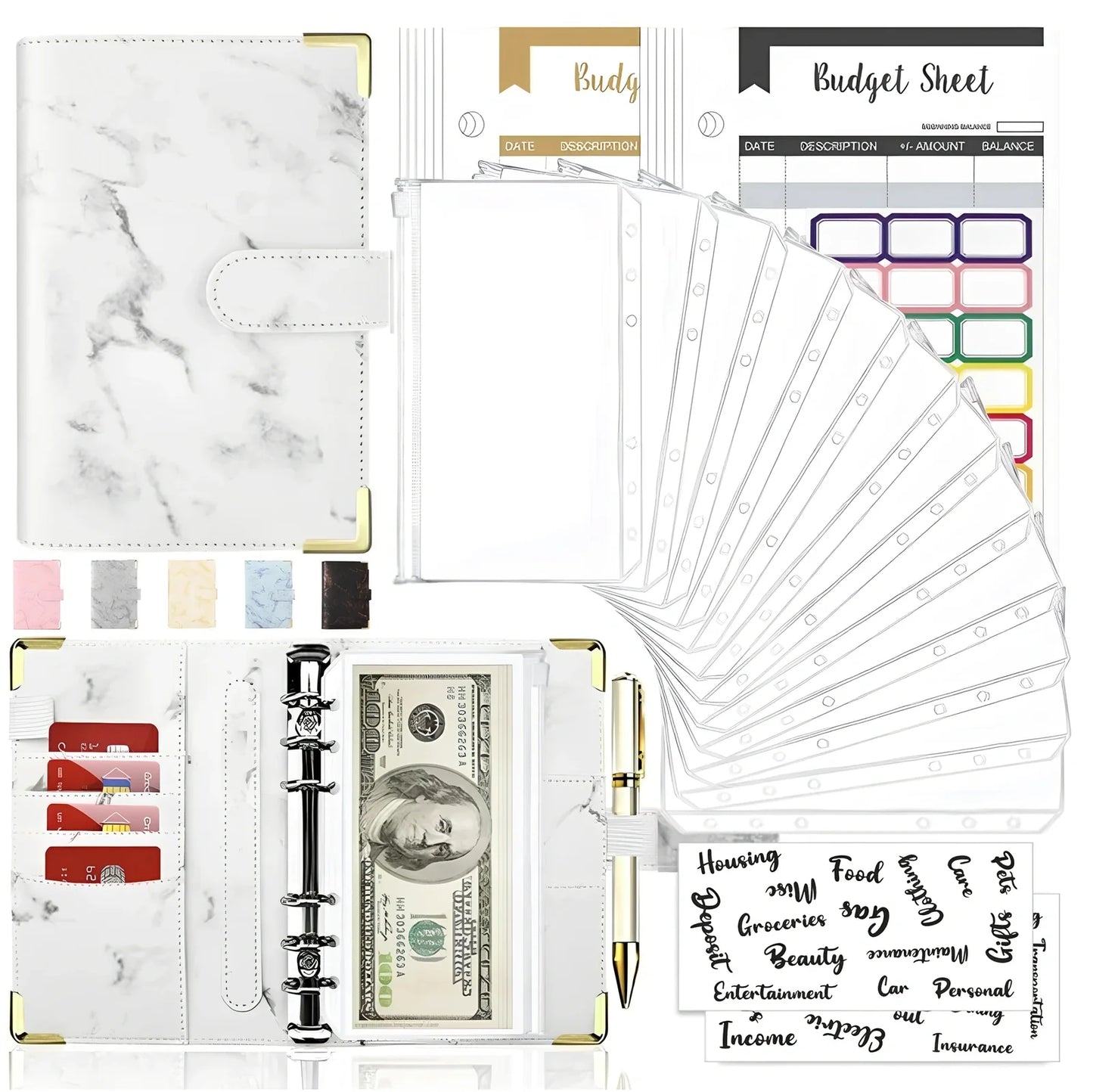 A6 leather PU binder journal open showing colour budget sheets and zip pockets with spiral binding