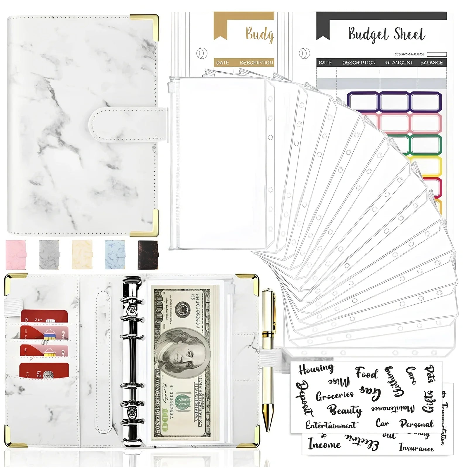 A6 leather PU binder journal open showing colour budget sheets and zip pockets with spiral binding