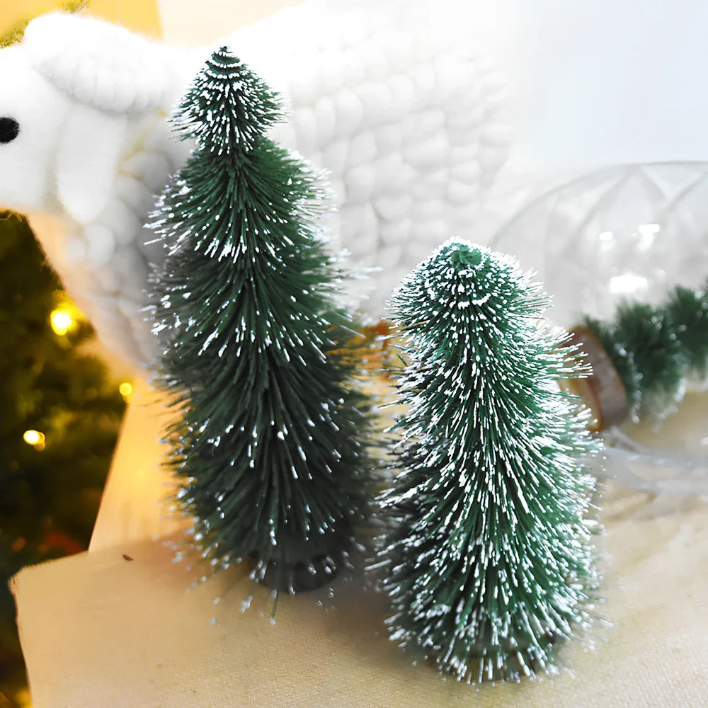 Mini Christmas tree with white snow flocking on green PVC branches, tabletop decoration