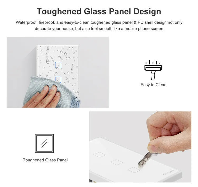 Smart wall switch with tempered glass panel, touch control, 220-250V 10A, 120mm mounting hole distance
