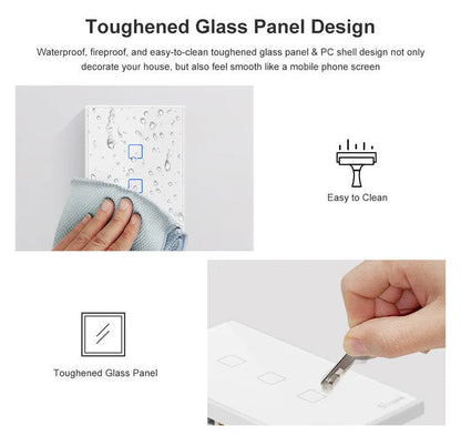 Smart wall switch with tempered glass panel, touch control, 220-250V 10A, 120mm mounting hole distance