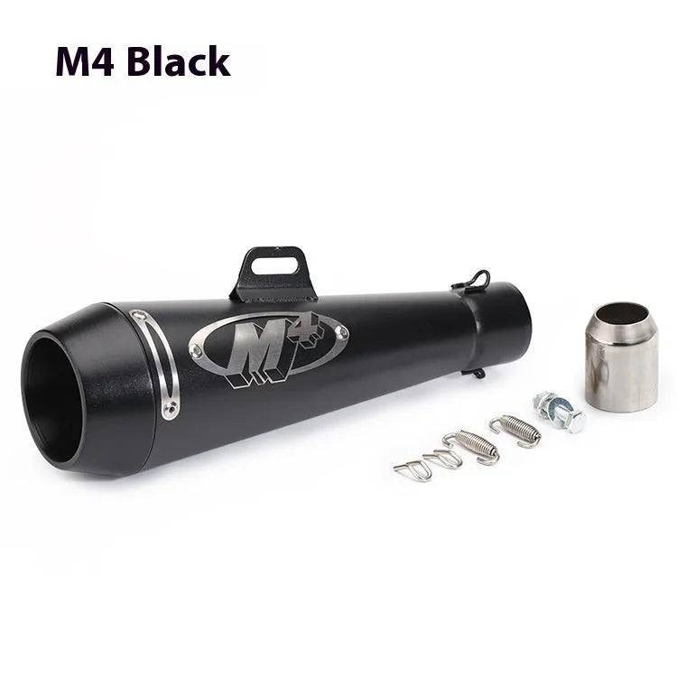 Universal M4 motorcycle exhaust pipe in various finishes including black, titanium, and half blue with back pressure options