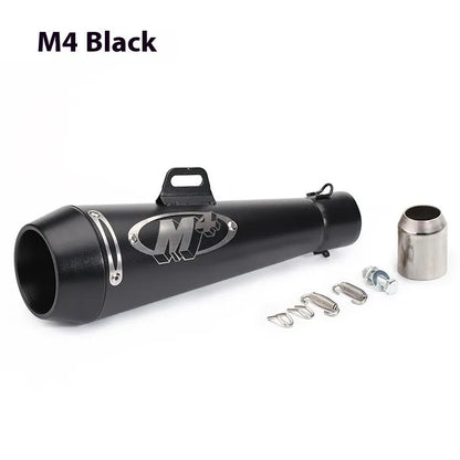 Universal M4 motorcycle exhaust pipe in various finishes including black, titanium, and half blue with back pressure options